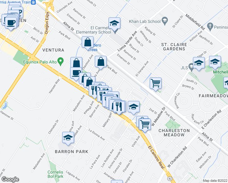 map of restaurants, bars, coffee shops, grocery stores, and more near 325 Curtner Avenue in Palo Alto