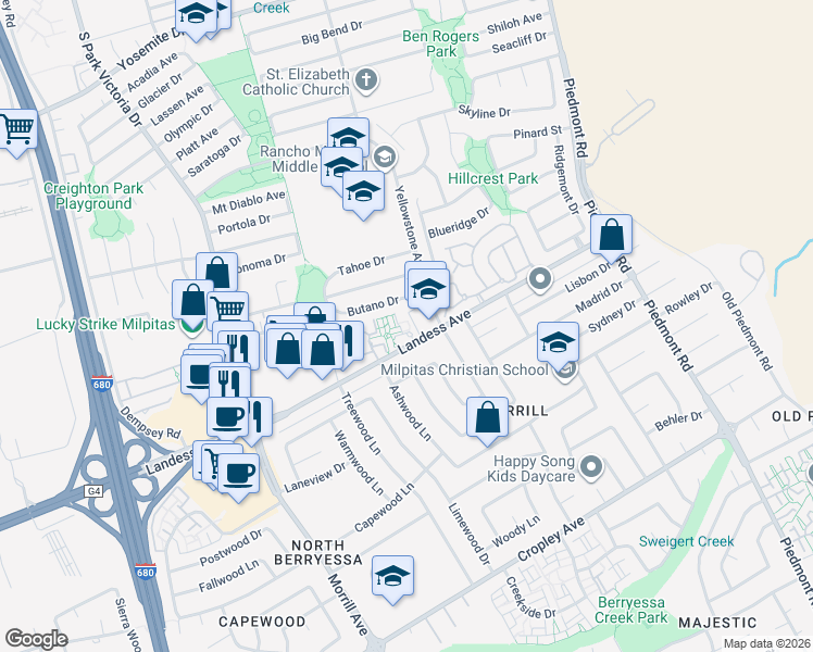 map of restaurants, bars, coffee shops, grocery stores, and more near 1398 Lowland Court in Milpitas