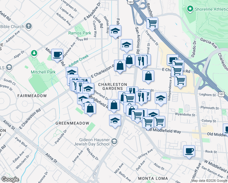 map of restaurants, bars, coffee shops, grocery stores, and more near 732 Montrose Avenue in Palo Alto