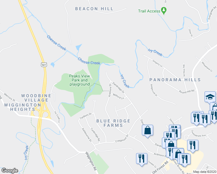 map of restaurants, bars, coffee shops, grocery stores, and more near 1207 Ardmore Drive in Lynchburg