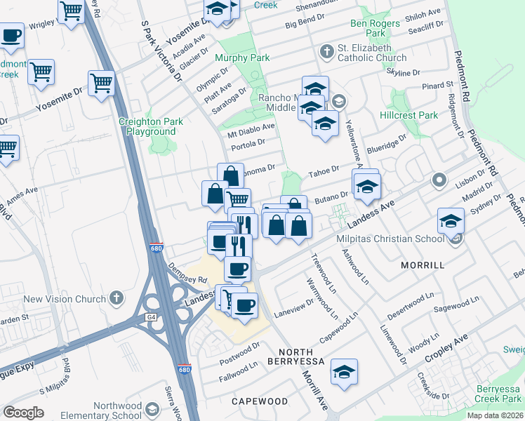 map of restaurants, bars, coffee shops, grocery stores, and more near 1441 Big Basin Drive in Milpitas