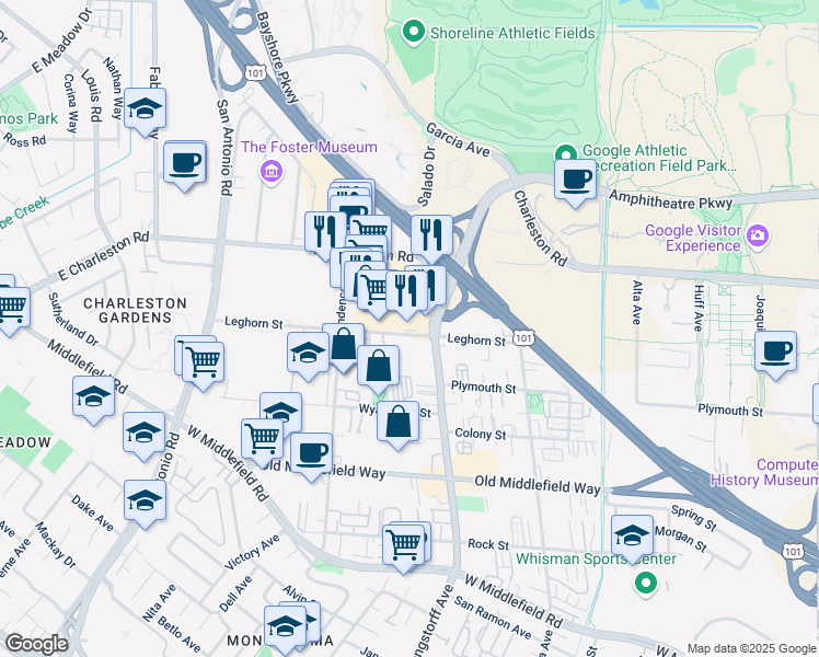 map of restaurants, bars, coffee shops, grocery stores, and more near 2146 Leghorn Street in Mountain View