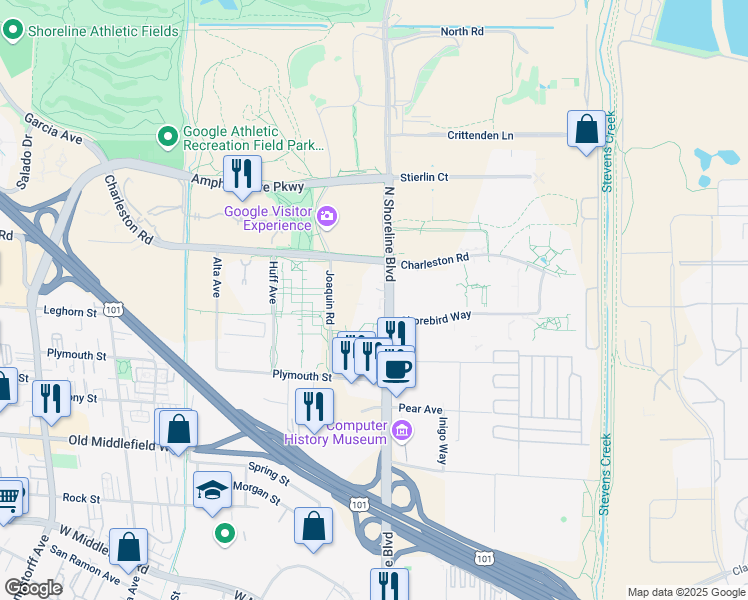 map of restaurants, bars, coffee shops, grocery stores, and more near 1806 North Shoreline Boulevard in Mountain View