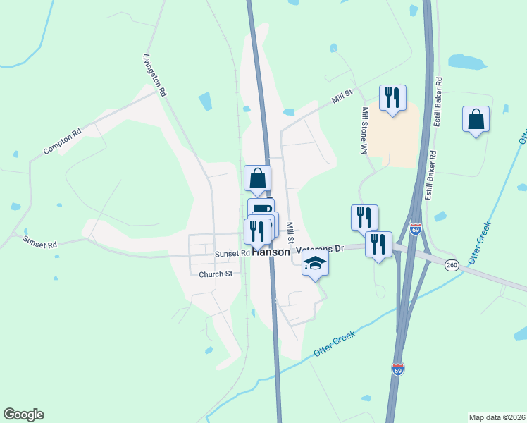 map of restaurants, bars, coffee shops, grocery stores, and more near 7330-7410 Hanson Rd in Hanson