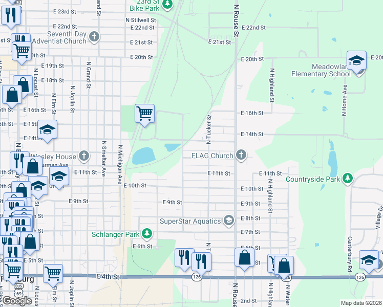 map of restaurants, bars, coffee shops, grocery stores, and more near 907 East 13th Street in Pittsburg