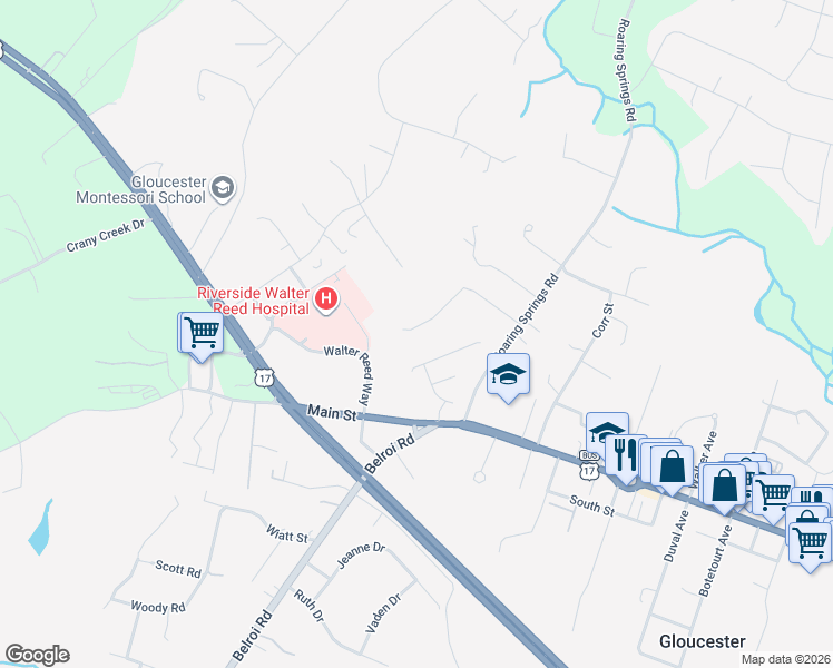map of restaurants, bars, coffee shops, grocery stores, and more near 7654 Forbes Road in Gloucester