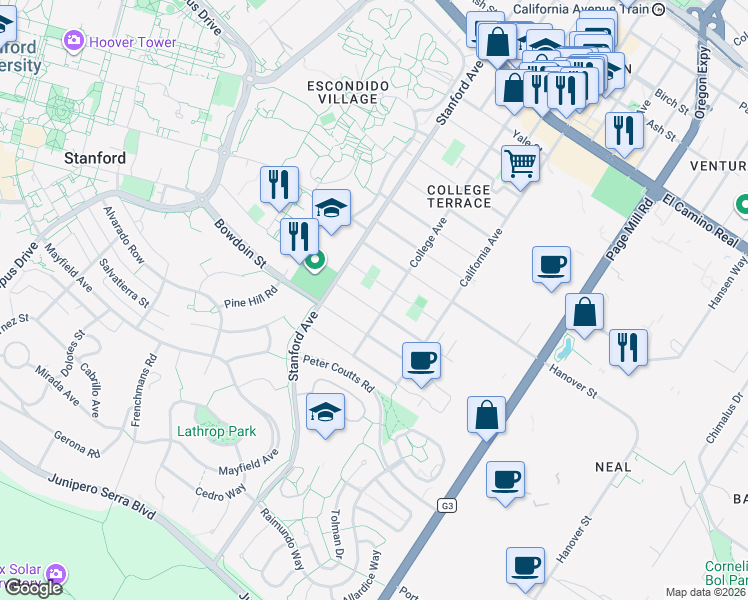 map of restaurants, bars, coffee shops, grocery stores, and more near 2145 Columbia Street in Palo Alto