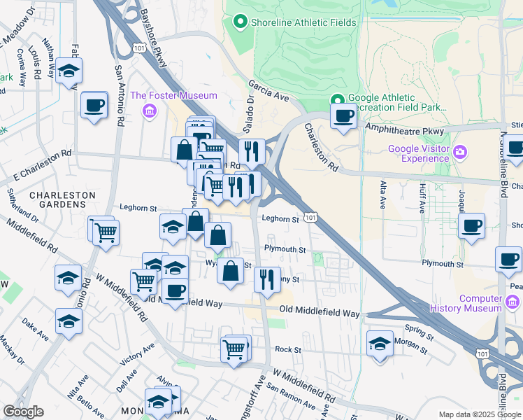 map of restaurants, bars, coffee shops, grocery stores, and more near 2025 Leghorn Street in Mountain View