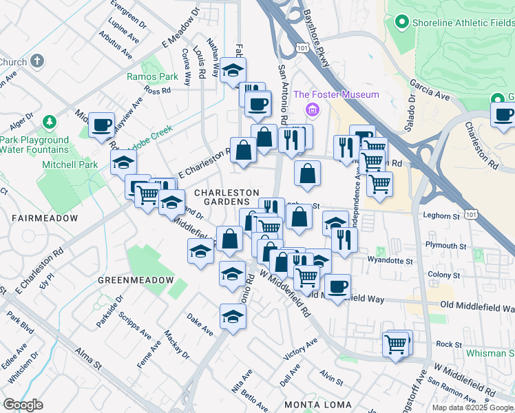 map of restaurants, bars, coffee shops, grocery stores, and more near 777 San Antonio Road in Palo Alto