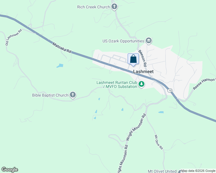 map of restaurants, bars, coffee shops, grocery stores, and more near 590 Old Lashmeet Road in Rock