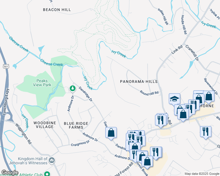 map of restaurants, bars, coffee shops, grocery stores, and more near 3544 Ridgecroft Drive in Lynchburg