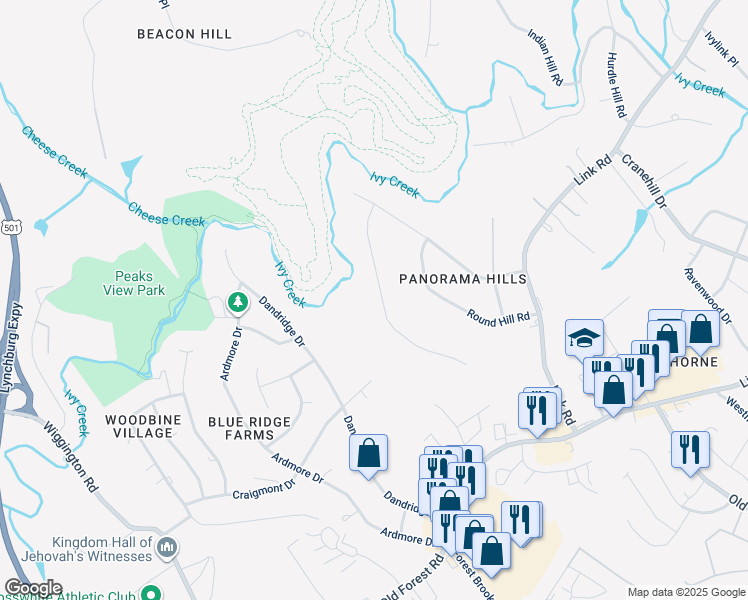 map of restaurants, bars, coffee shops, grocery stores, and more near 3544 Ridgecroft Drive in Lynchburg
