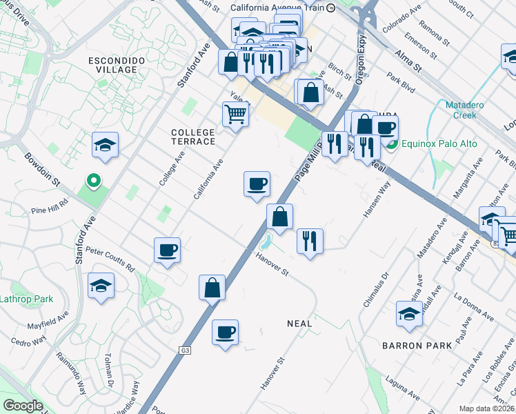 map of restaurants, bars, coffee shops, grocery stores, and more near 1116 Page Mill Road in Palo Alto