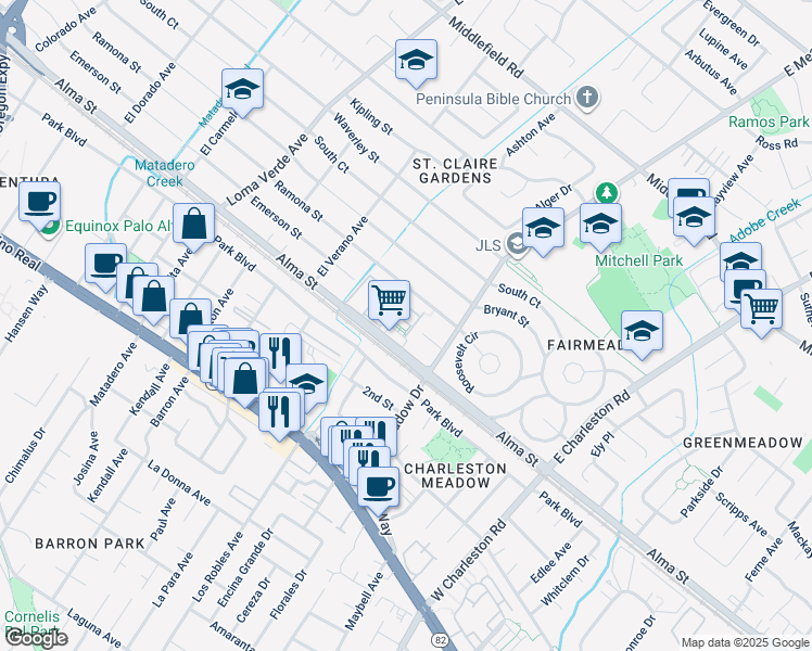 map of restaurants, bars, coffee shops, grocery stores, and more near 3428 Alma Village Circle in Palo Alto