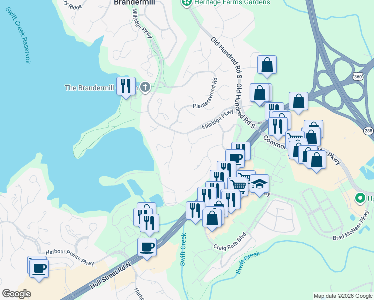 map of restaurants, bars, coffee shops, grocery stores, and more near 4905 Court Ridge Terrace in Midlothian