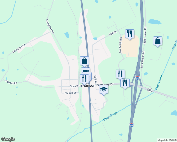 map of restaurants, bars, coffee shops, grocery stores, and more near 7410 Hanson Rd in Hanson