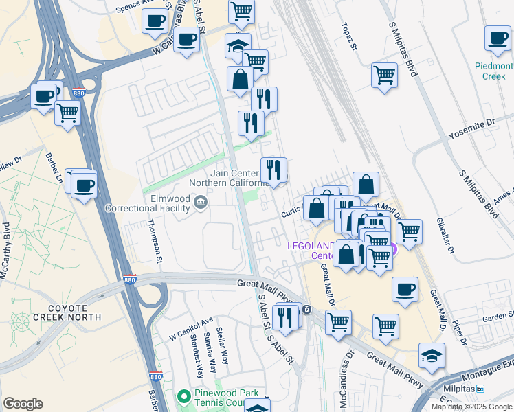 map of restaurants, bars, coffee shops, grocery stores, and more near 800 South Abel Street in Milpitas