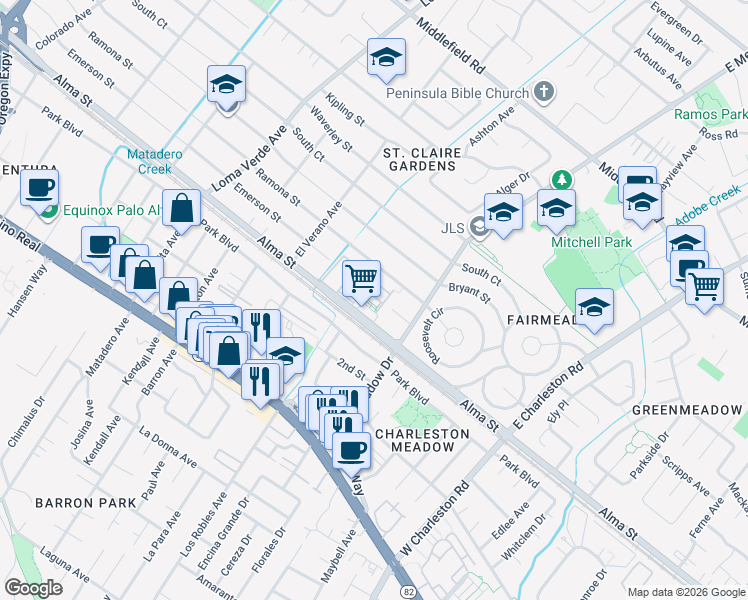 map of restaurants, bars, coffee shops, grocery stores, and more near 3557 Alma Village Circle in Palo Alto