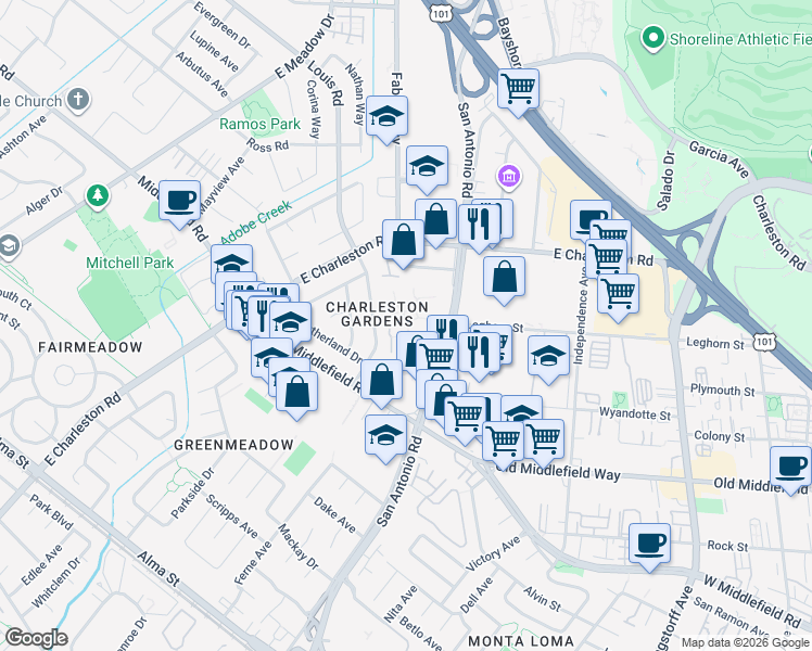 map of restaurants, bars, coffee shops, grocery stores, and more near 777 San Antonio Road in Palo Alto