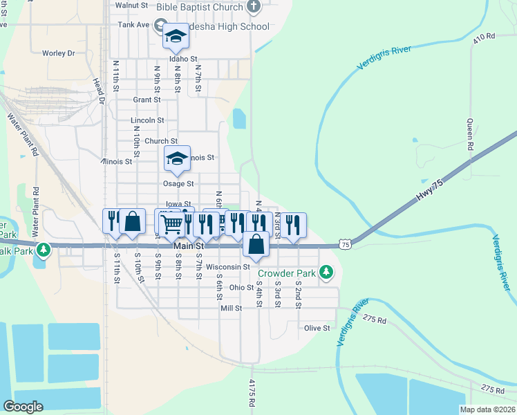 map of restaurants, bars, coffee shops, grocery stores, and more near 299 North 4th Street in Neodesha