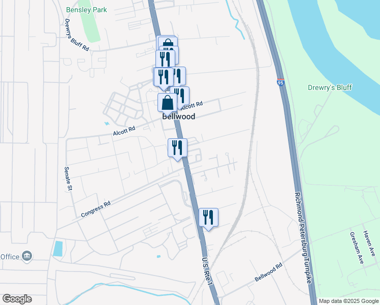 map of restaurants, bars, coffee shops, grocery stores, and more near 7719 Jefferson Davis Highway in Richmond