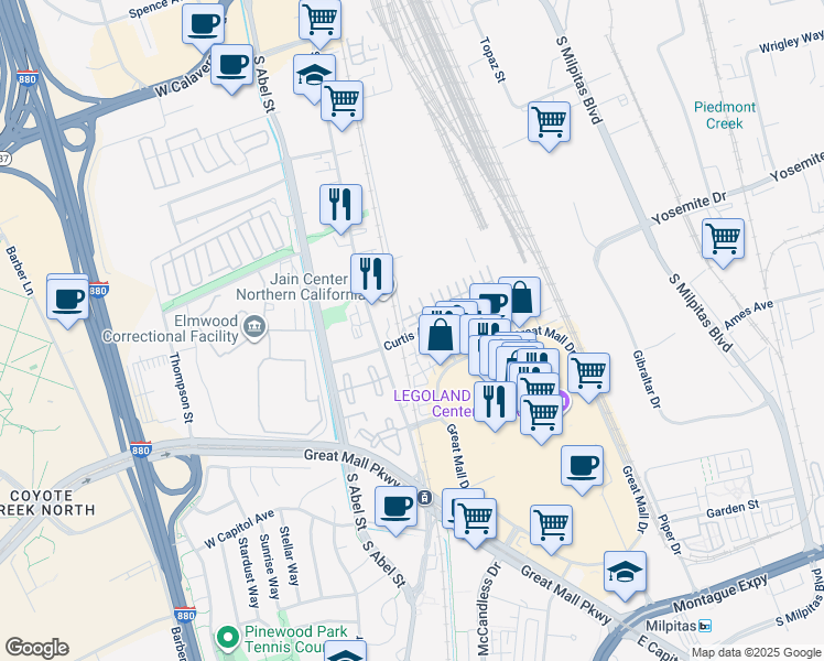map of restaurants, bars, coffee shops, grocery stores, and more near 835 Autumn Wind in Milpitas