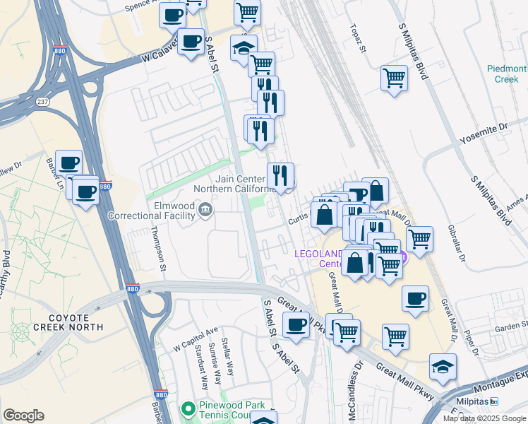 map of restaurants, bars, coffee shops, grocery stores, and more near 800 South Abel Street in Milpitas
