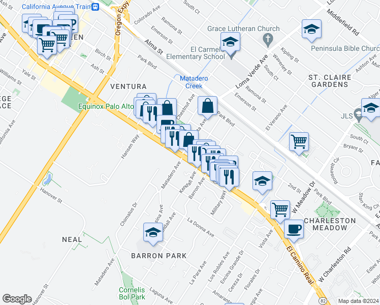 map of restaurants, bars, coffee shops, grocery stores, and more near in Palo Alto