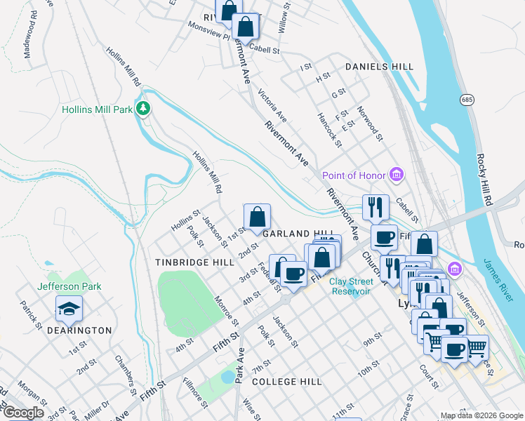 map of restaurants, bars, coffee shops, grocery stores, and more near 109 Madison Street in Lynchburg