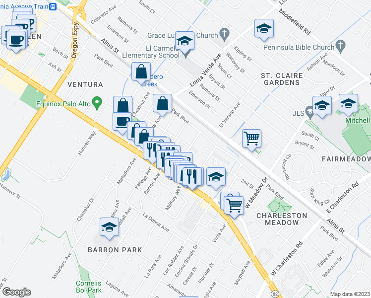 map of restaurants, bars, coffee shops, grocery stores, and more near 327 Curtner Avenue in Palo Alto