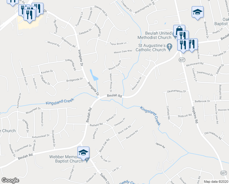 map of restaurants, bars, coffee shops, grocery stores, and more near 4705 Mason Woods Court in Richmond