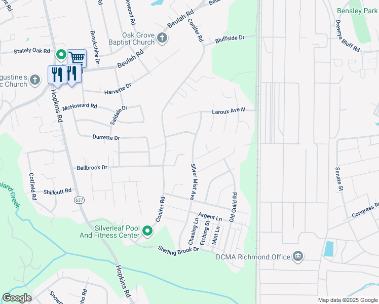 map of restaurants, bars, coffee shops, grocery stores, and more near 7330 Silver Mist Avenue in Richmond