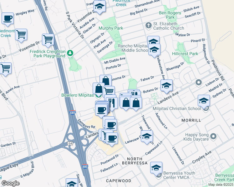 map of restaurants, bars, coffee shops, grocery stores, and more near 1466 Clear Lake Avenue in Milpitas