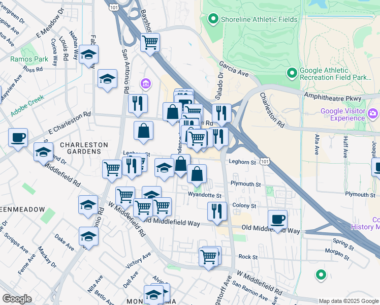 map of restaurants, bars, coffee shops, grocery stores, and more near 2301 Leghorn Street in Mountain View