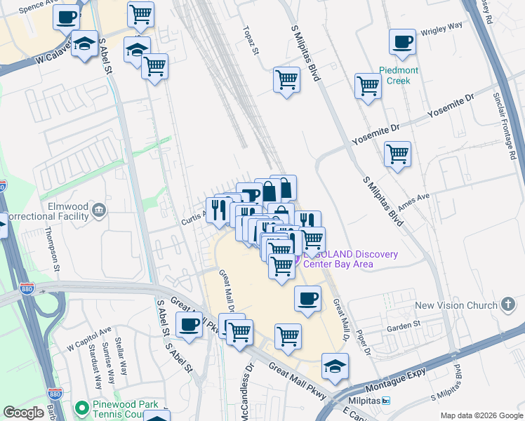 map of restaurants, bars, coffee shops, grocery stores, and more near 884 Great Mall Drive in Milpitas