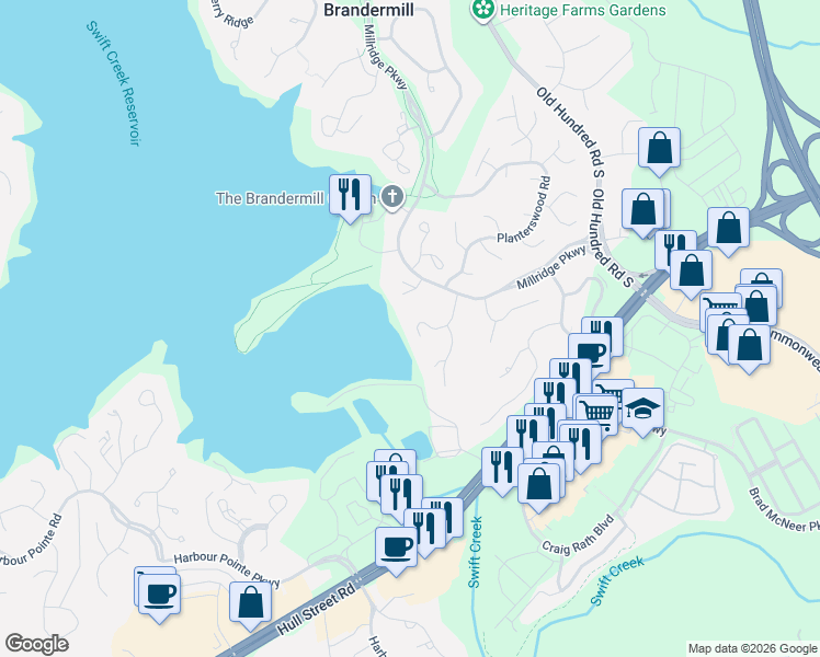 map of restaurants, bars, coffee shops, grocery stores, and more near 4940 Long Shadow Drive in Midlothian
