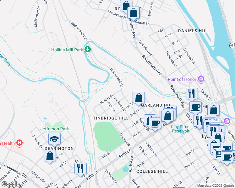 map of restaurants, bars, coffee shops, grocery stores, and more near 815 Garland Street in Lynchburg