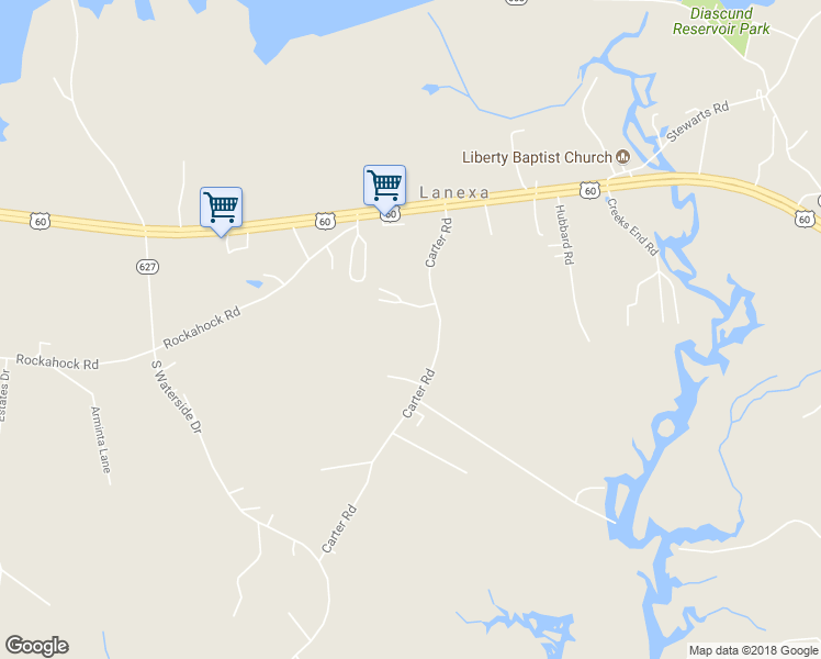 map of restaurants, bars, coffee shops, grocery stores, and more near 2122 Carter Road in Lanexa