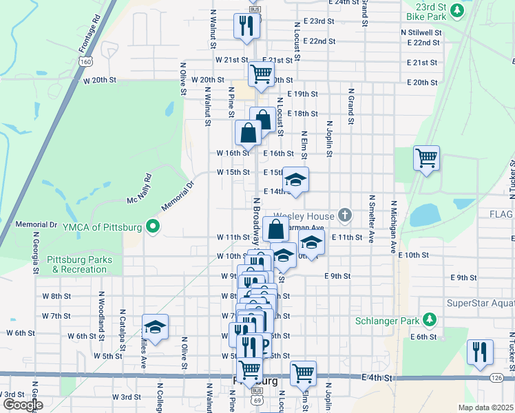 map of restaurants, bars, coffee shops, grocery stores, and more near 1310 North Broadway in Pittsburg