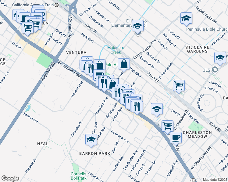 map of restaurants, bars, coffee shops, grocery stores, and more near in Palo Alto