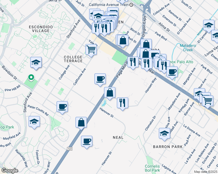 map of restaurants, bars, coffee shops, grocery stores, and more near in Palo Alto