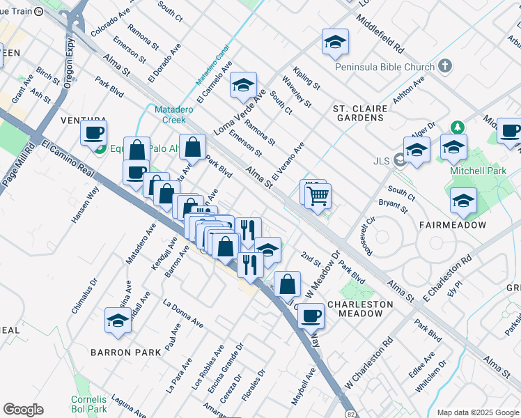 map of restaurants, bars, coffee shops, grocery stores, and more near 220 Ventura Avenue in Palo Alto