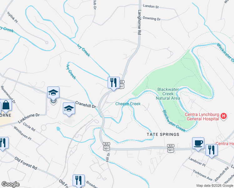 map of restaurants, bars, coffee shops, grocery stores, and more near James River Heritage Trail in Lynchburg