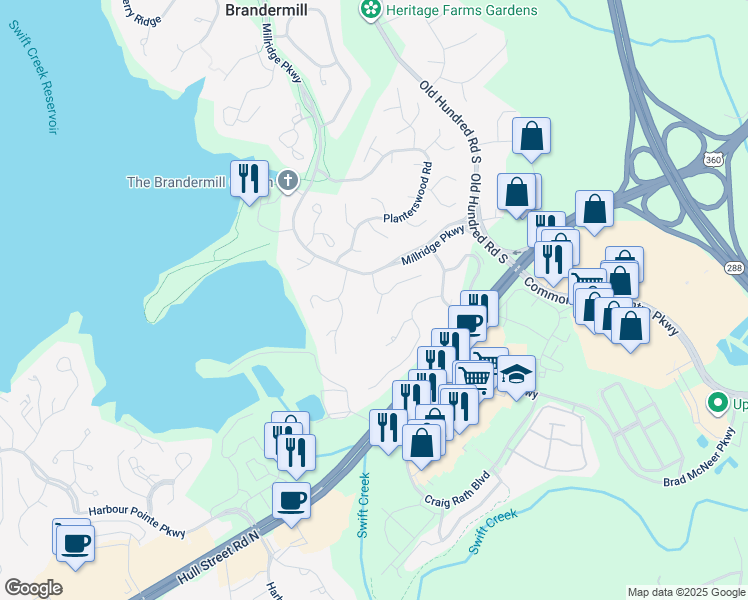 map of restaurants, bars, coffee shops, grocery stores, and more near 4900 Court Ridge Terrace in Midlothian