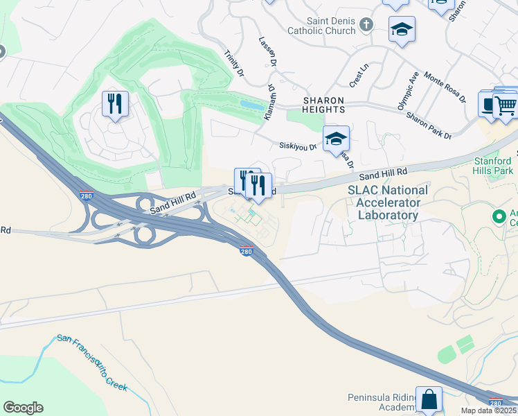 map of restaurants, bars, coffee shops, grocery stores, and more near 2825 Sand Hill Road in Menlo Park