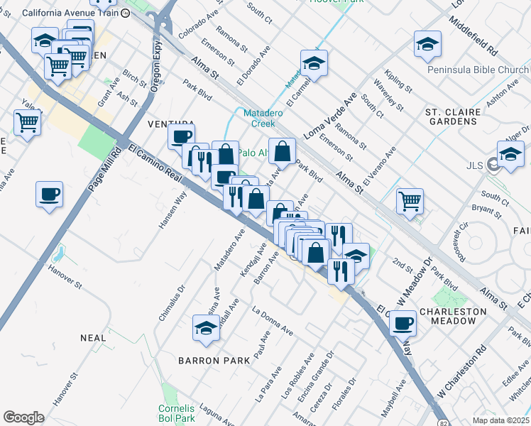 map of restaurants, bars, coffee shops, grocery stores, and more near 470 Matadero Avenue in Palo Alto
