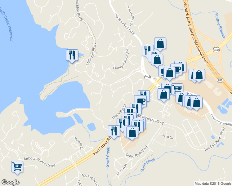 map of restaurants, bars, coffee shops, grocery stores, and more near 13217 Court Ridge Road in Midlothian