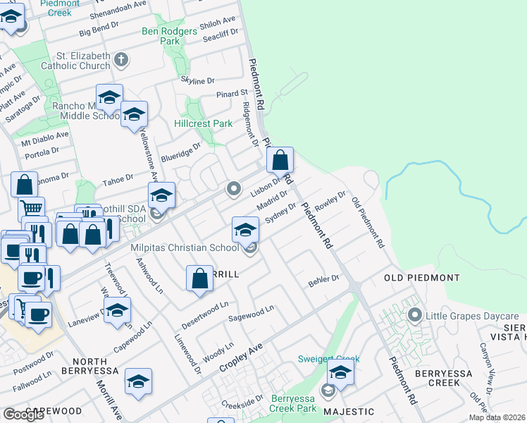 map of restaurants, bars, coffee shops, grocery stores, and more near 3544 Madrid Drive in San Jose
