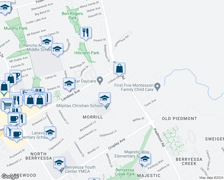 map of restaurants, bars, coffee shops, grocery stores, and more near 3544 Madrid Drive in San Jose
