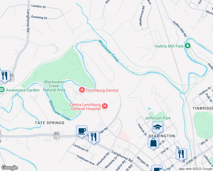 map of restaurants, bars, coffee shops, grocery stores, and more near 1833 Hillsdale Road in Lynchburg